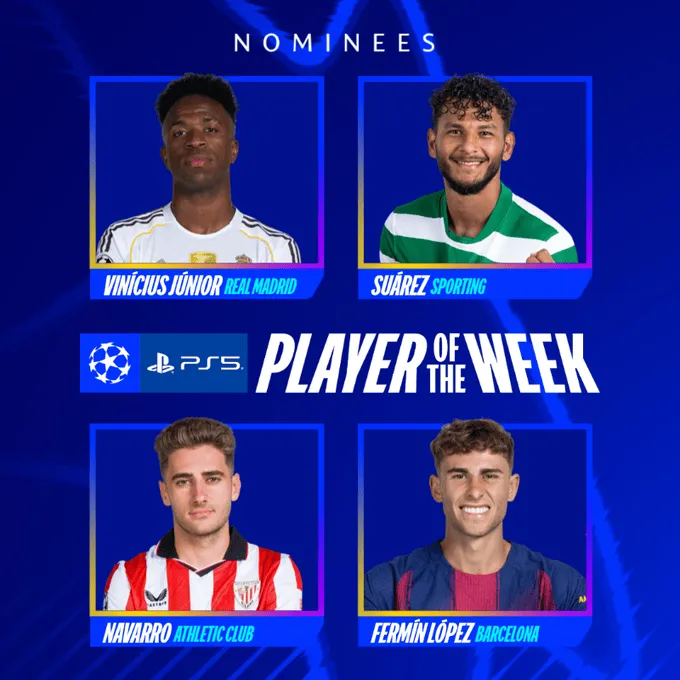 欧冠联赛阶段第7轮最佳球员候选：维尼修斯、费尔明在列